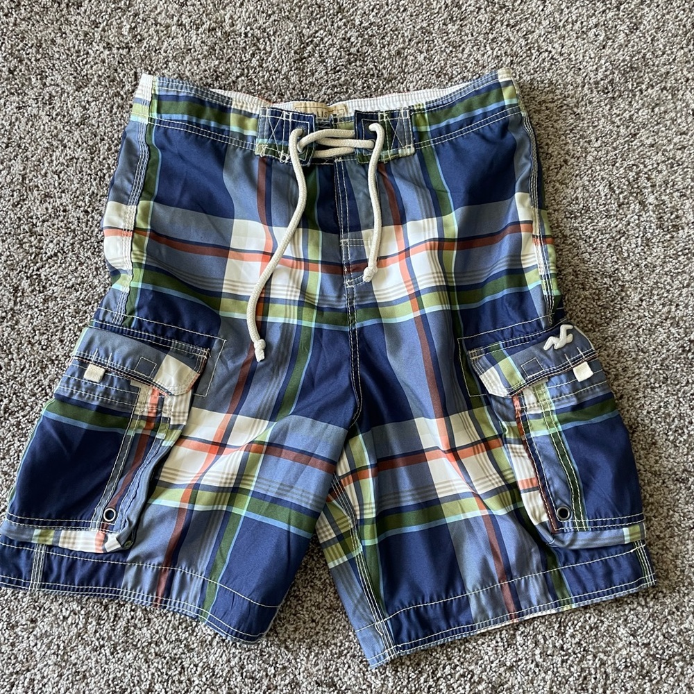 Hollister Plaid Cargo Board Shorts Swimming Trunks Mens size Small